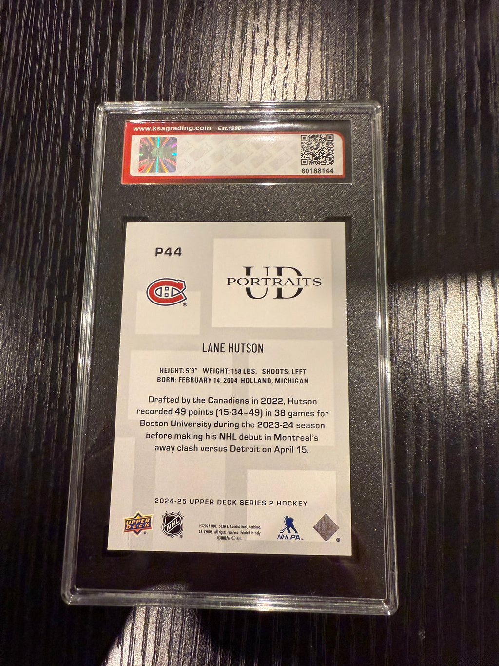 2024-25 UD Portraits Rookie Lane Hutson KSA 9.5