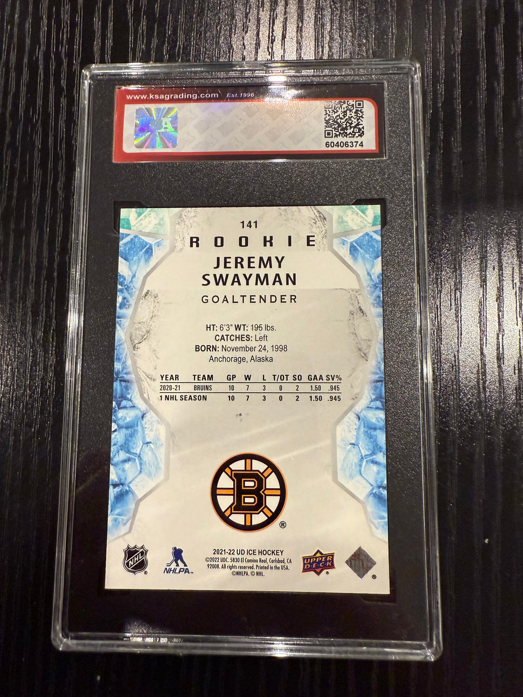 2021-22 UD Ice Jeremy Swayman Green Rookie KSA 9.5