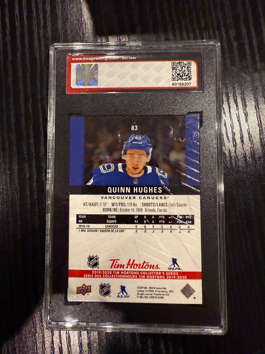 2019-20 UD Tim Hortons Rookie Quinn Hughes KSA 9.5