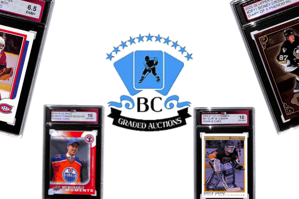 Collection of sports trading cards in protective cases with BC Graded Auctions logo.